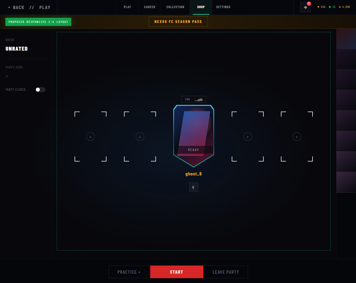 Proposed responsive 5 by 4 game menu layout with Shop visible, Missions collapsed, and a protected safe UI frame